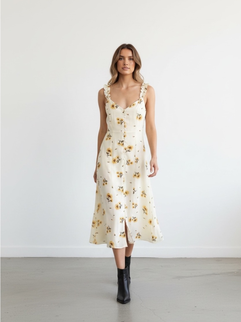 Ruffle Strap Floral Midi Dress in Cream with Yellow Accents